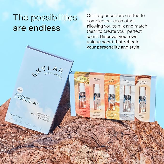 Skylar Perfume Discovery spray Sampler Set - Peach Fields, Vanilla Sky, Lime Sands, Salt Air, Coconut Cove - Hypoallergenic & Clean Perfume for Women & Men - 5 1.5mL-Velvo Beauty