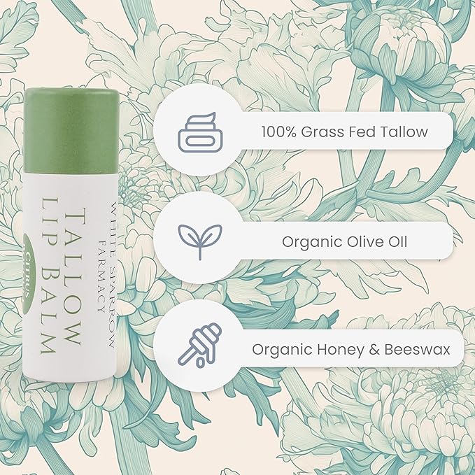 Organic Tallow Lip Balm (Citrus Bouquet) from 100% Grass Fed Cows. Super hydrating with Tallow, Olive Oil, Honey, and Beeswax. Sustainable Cardboard Tubes & Hand Filled. Jumbo Size 0.5 oz.-Velvo Beauty