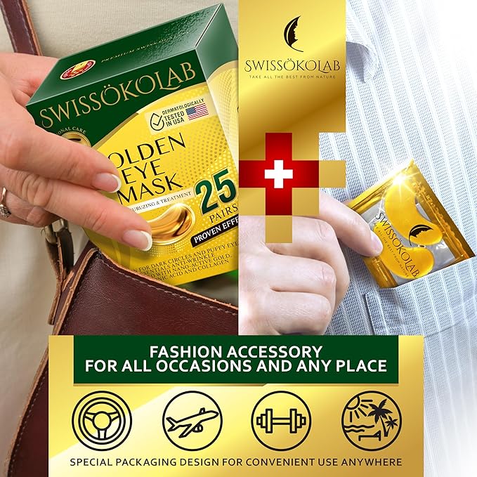 SWISSÖKOLAB Under Eye Patches For Puffy Eyes 24k Gold Eye Mask Dark Circles And Puffiness Collagen Eye Gel Pads Moisturizing & Reducing Wrinkles Anti-Aging Hyaluronic Acid (24K Gold Eye Mask)-Velvo Beauty