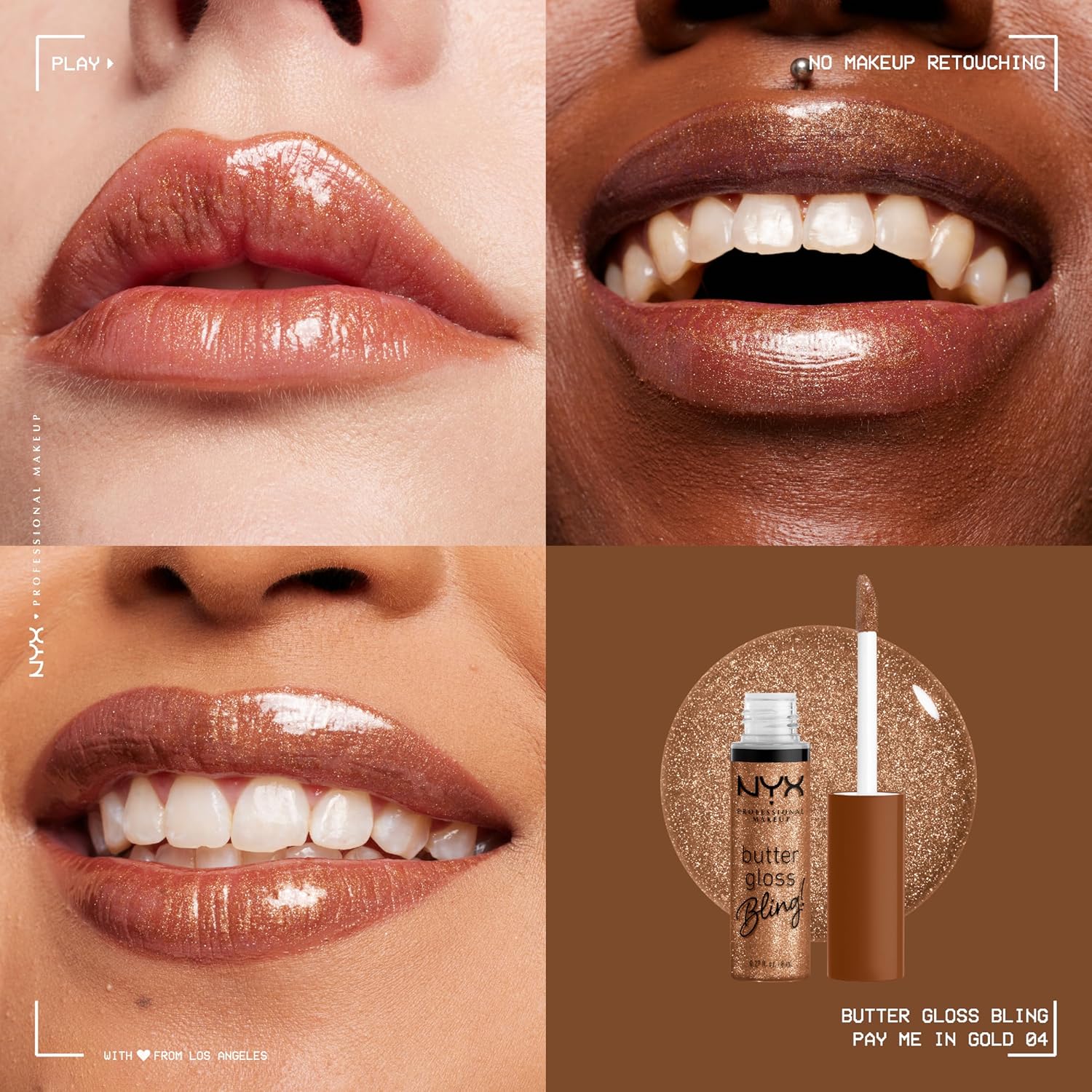NYX PROFESSIONAL MAKEUP Butter Gloss Bling Lip Gloss, Non Sticky and Shiny Vegan Lip Makeup - Pay Me In Gold-Velvo Beauty