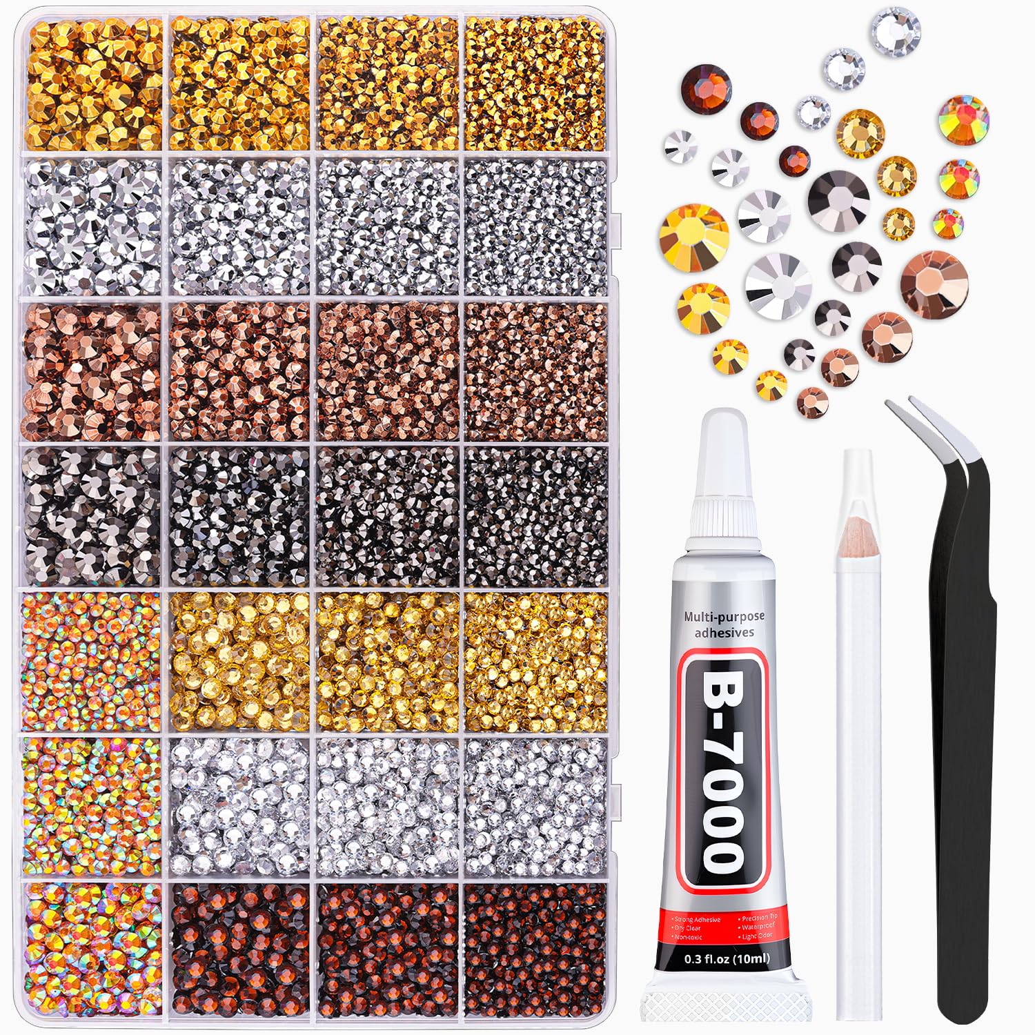 20000Pcs Metallic Rhinestones for Bedazzling with 1Pcs B7000 Jewelry Glue, Resin Rhinestones for Crafting Crafts DIY, Bedazzler Kit Gems for Clothing Shoes Tumblers Nail Art Assorted Size 3/4/5/6mm-Velvo Beauty