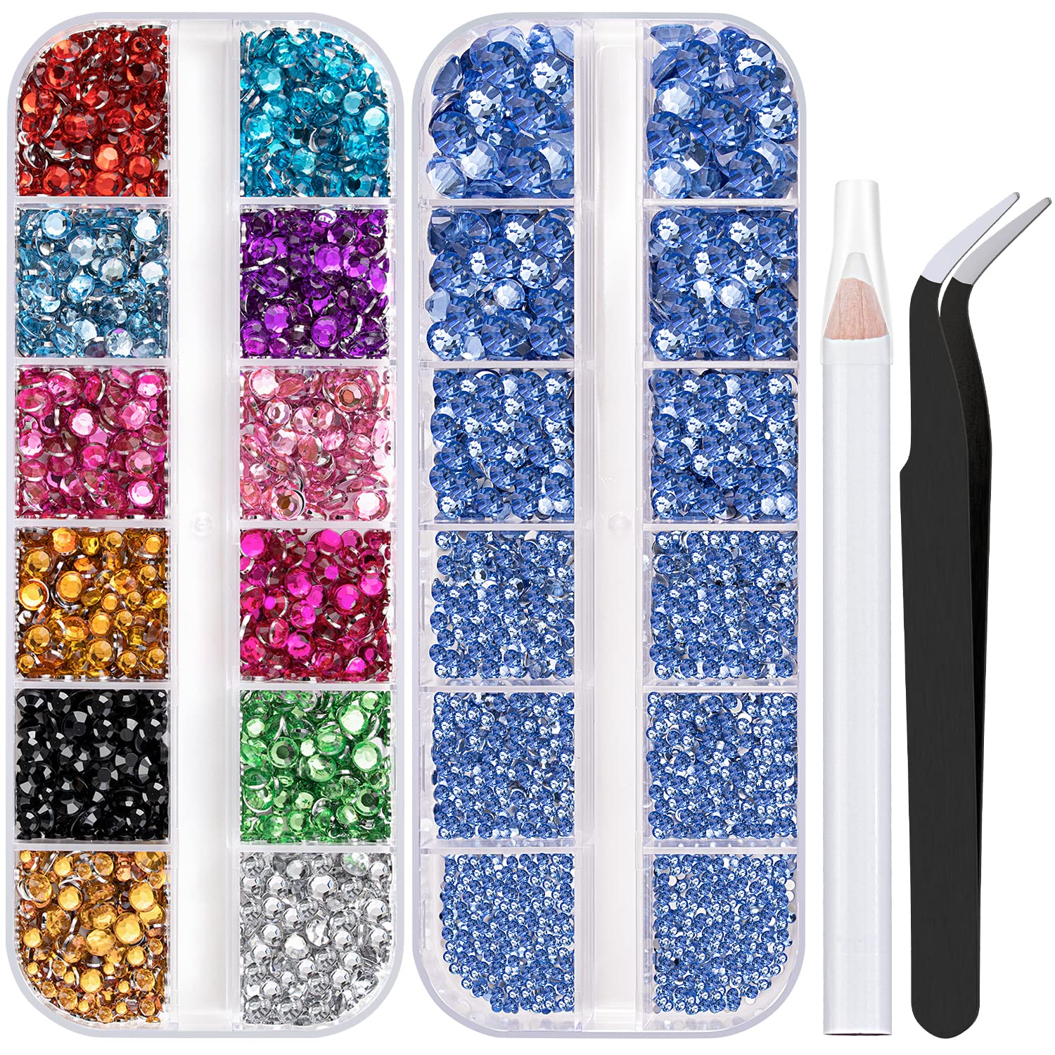 Two Packs of Flatback Rhinestones 4520 Pcs Colorful Nail Art Rhinestones Flatback Crystal Colorful+Sky Blue Rhinestone with Picker Pencil and Tweezer for Nail Art and Decoration-Velvo Beauty