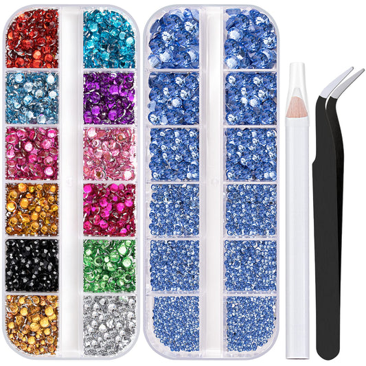 Two Packs of Flatback Rhinestones 4520 Pcs Colorful Nail Art Rhinestones Flatback Crystal Colorful+Sky Blue Rhinestone with Picker Pencil and Tweezer for Nail Art and Decoration-Velvo Beauty