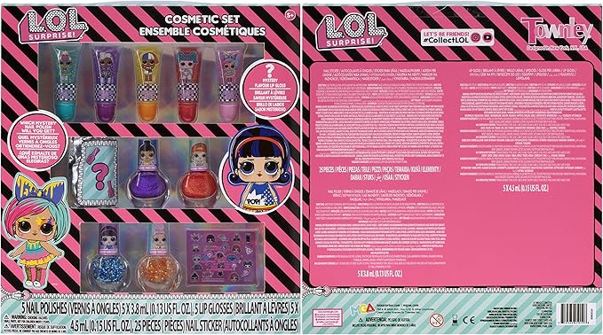 LOL Surprise Townley Girl 11 Pcs Sparkly Cosmetic Makeup Set for Kids Includes 5 Lip Gloss, 5 Nail Polish & Nail Stickers for Girls Tweens, Ages 3+ Perfect for Parties, Sleepovers and Makeovers-Velvo Beauty