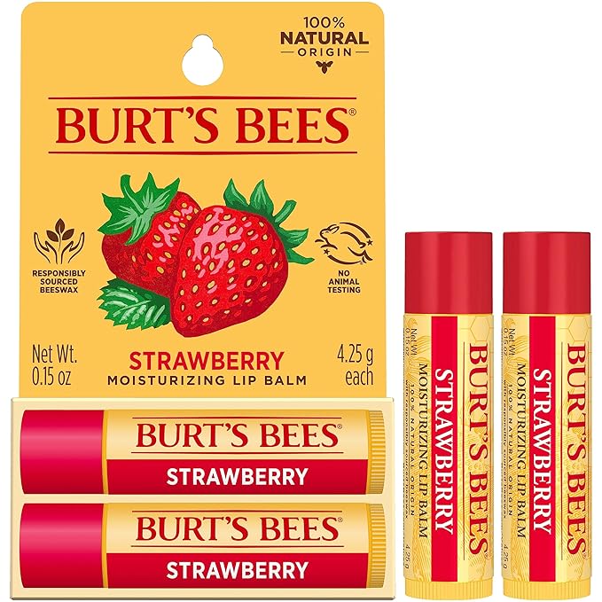 Burt's Bees Lip Balm Mothers Day Gifts for Mom - Strawberry, Lip Moisturizer With Responsibly Sourced Beeswax, Tint-Free, Natural Origin Conditioning Lip Treatment, 2 Tubes, 0.15 oz.-Velvo Beauty