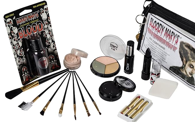 Bride Of Frankenstein Special Effects Makeup Kit - By Bloody Mary - Professional Halloween Monster SFX Makeup - Includes Lipstick, Foundation, Setting Powder, 3 Crayons, 4 Brushes, Eye Shadow & Sponge-Velvo Beauty