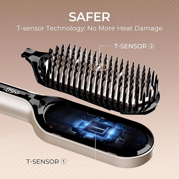 TYMO Hair Straightener Brush - Upgraded Ionic Plus Straightening Brush with Dense Bristles, 16 Temps, Dual Voltage | Ceramic Hot Comb for Women | Flat Iron for Thick Curly Hair, Gold-Velvo Beauty