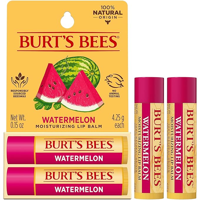 Burt's Bees Lip Balm - Watermelon, Lip Moisturizer With Responsibly Sourced Beeswax, Tint-Free, Natural Origin Conditioning Lip Treatment, 2 Tubes, 0.15 oz.-Velvo Beauty