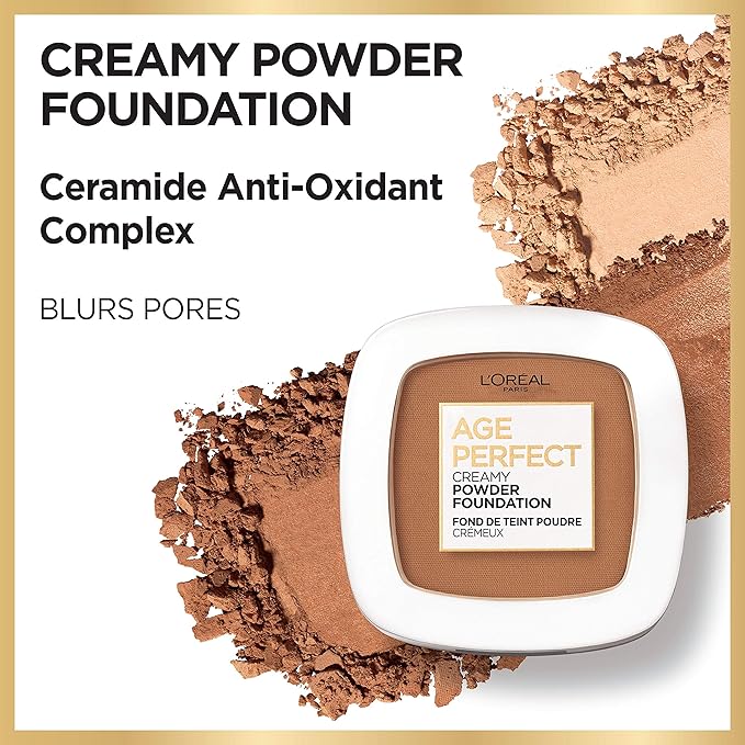 L'Oreal Paris Age Perfect Creamy Powder Foundation Compact, 370 Mahogany, 0.31 Ounce-Velvo Beauty