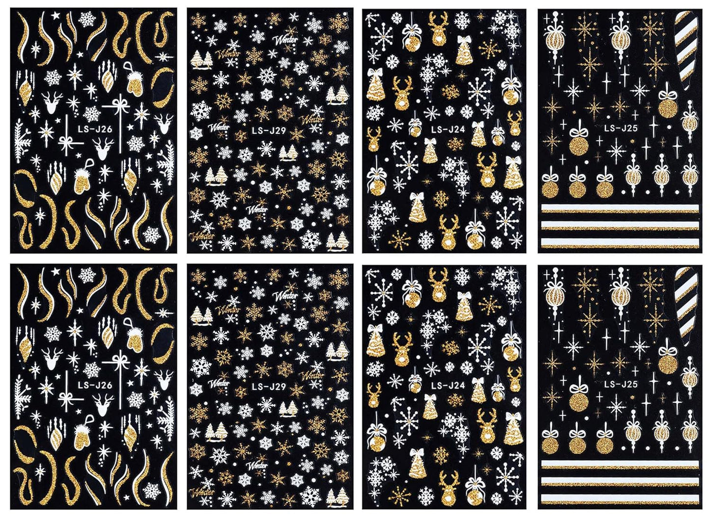 8 Sheets Glitter Christmas Nail Art Stickers Decals Self-Adhesive Holiday Gold Snowman Snowflake Winter Nail Supplies Nail Art Design Decoration Accessories-Velvo Beauty