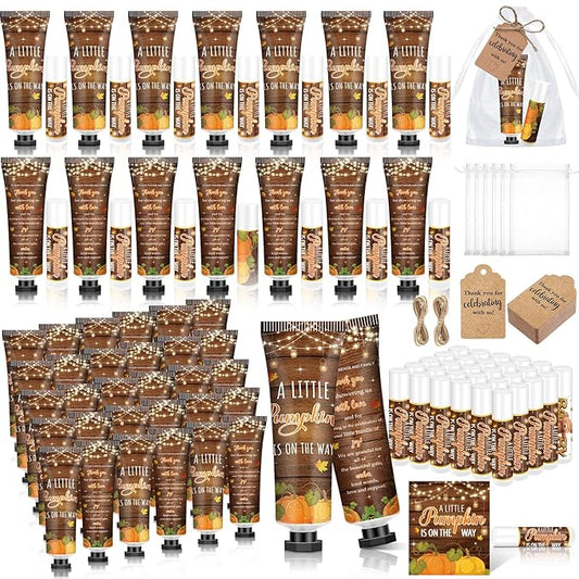 50 Sets 200 Pcs Baby Shower Hand Lotion and Lip Balm Gift Theme Baby Shower Party Favors Travel Size Hand Lotion and Lip Balm Bulk with Organza Bags Tags(Rustic Pumpkin)-Velvo Beauty