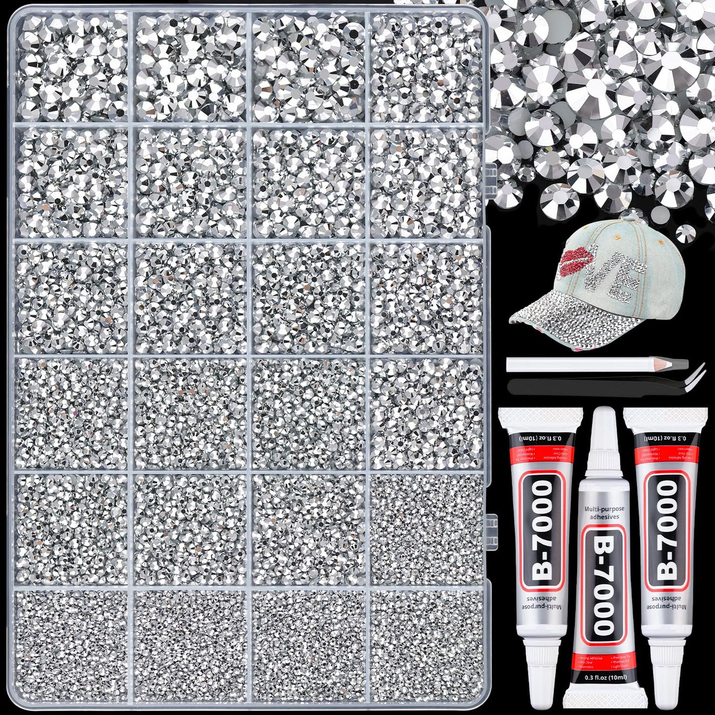 25000Pcs Resin Rhinestones with B7000 Jewelry Glue for Crafting, Silver 2-6mm Non Hotfix Flatback Gems, Bedazzling Crystal for DIY Crafts Clothing Tumblers Mugs Shoes Fabric Decor Nail Art-Velvo Beauty