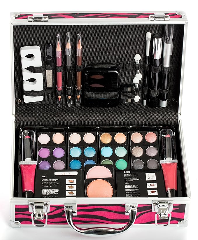 Makeup Kit Gift Set - 51 Piece - 32 Eye Shadows, 2 Blushes, 2 Lip Glosses, 2 Lipsticks, 2 Eye Liner Pencils, 1 Lip Liner Pencil, 1 Mascara - Case with Carrying Handle-Velvo Beauty