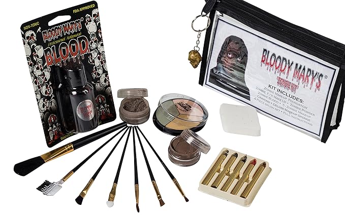 Zombie Makeup Kit By Bloody Mary - Halloween Costume Special Effects Palette - Walking Dead FX Makeup Tools - 5 Crayons, Blood, Setting Powder, 4 Application Brushes, 1 Sponge - Carrying Case Included-Velvo Beauty