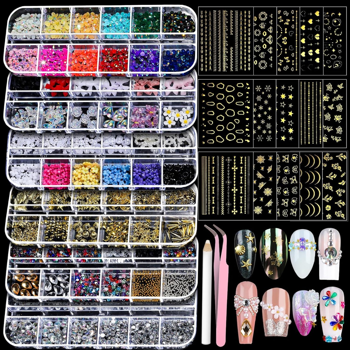 Teenitor Nail Charms Nail Gems with 15 Sheets Gold Nail Stickers, 6 Boxes of Rhinestones for Nails Art Tools, 3D Nail Decals Pearls for Nails-Velvo Beauty