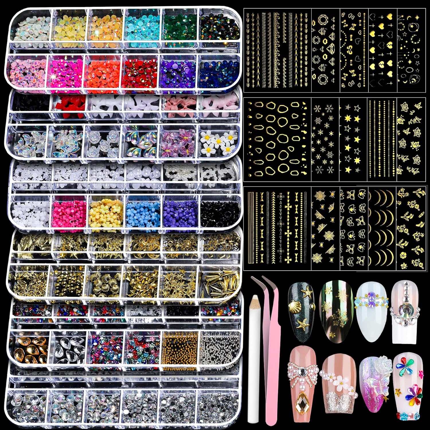 Teenitor Nail Charms Nail Gems with 15 Sheets Gold Nail Stickers, 6 Boxes of Rhinestones for Nails Art Tools, 3D Nail Decals Pearls for Nails-Velvo Beauty
