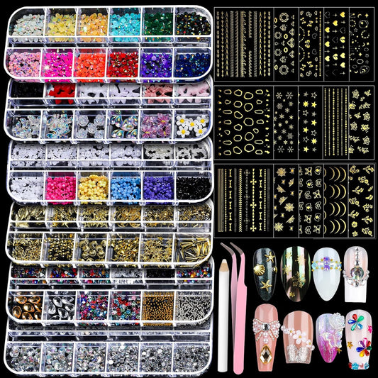 Teenitor Nail Charms Nail Gems with 15 Sheets Gold Nail Stickers, 6 Boxes of Rhinestones for Nails Art Tools, 3D Nail Decals Pearls for Nails-Velvo Beauty