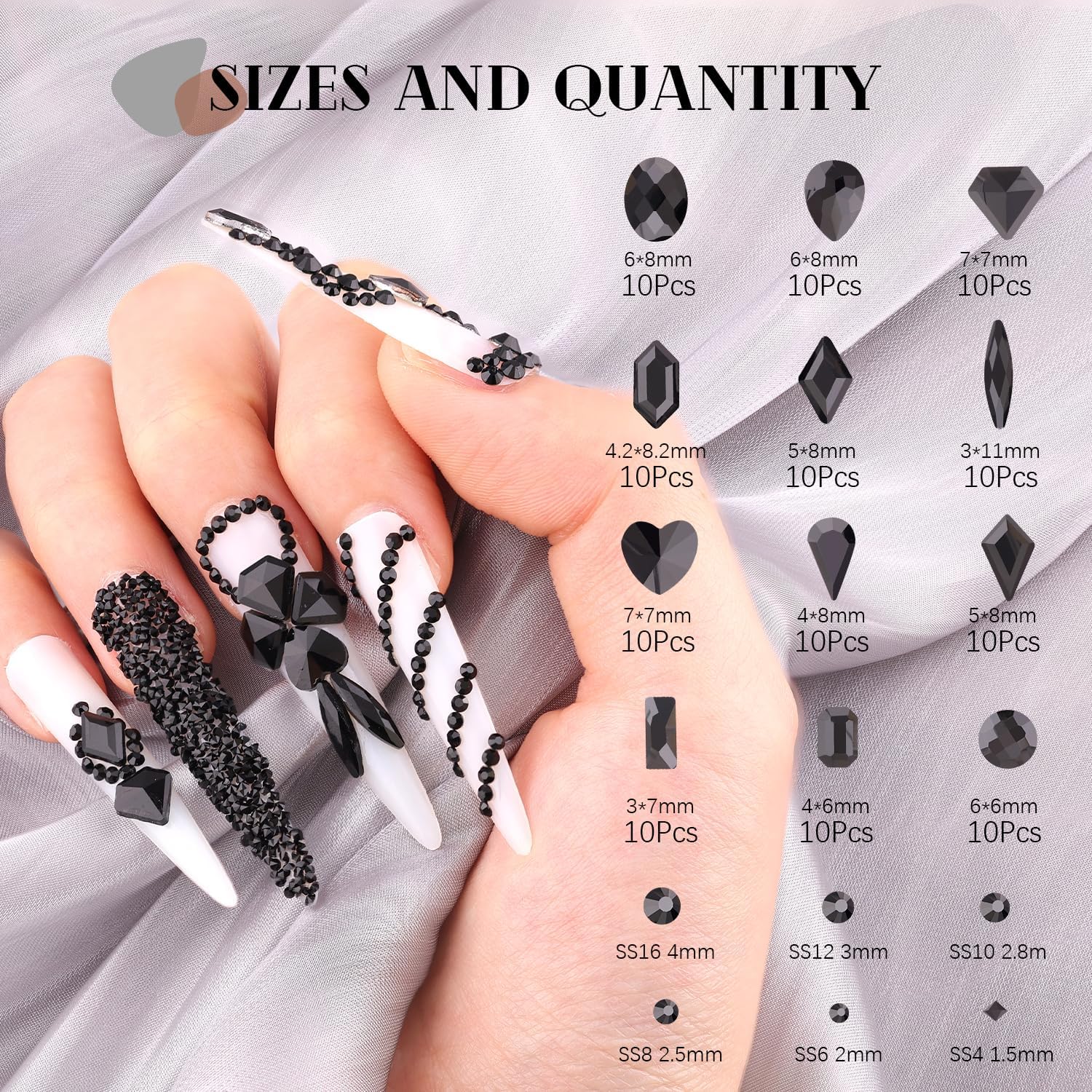 2630Pcs Black Glass Nail Rhinestones: 120Pcs Multi Shapes + 2510Pcs 1.5-4mm Round, Nail Art, Manicure, Craft Beads-Velvo Beauty