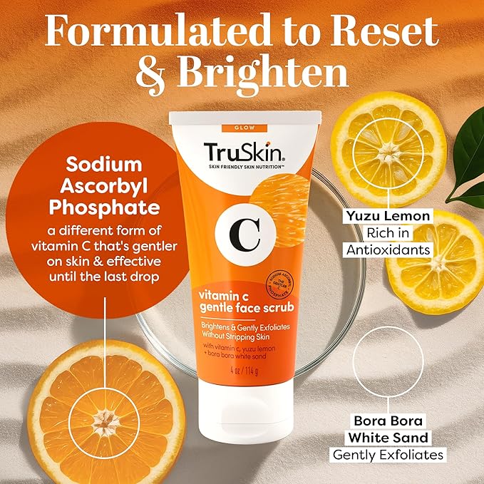 TruSkin Vitamin C Gentle Face Scrub - Brightening Daily Face Exfoliator for All Skin Types - Softens & Smooths Skin with Vitamin C, Yuzu Lemon, and Exfoliating Bora Bora White Sand - 4 Fl. Oz-Velvo Beauty