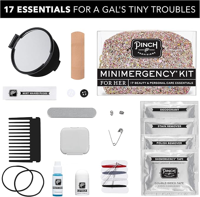 Pinch Provisions Rose Gold Minimergency Kit, includes 17 Travel-Sized Cosmetic Essentials, Convenient for Purses, Emergency Beauty Accessories, Gifts for Holiday’s & Birthday’s-Velvo Beauty