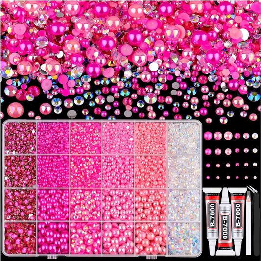 9000PCS Flatback Pearls and Rhinestones for Crafting, Dark Pink 3-10mm Resin Rhinestones and Half Pearls for Bedazzling, Nail Art and Dec with 3pcs B7000 Jewelry Glue, Tweezer and Pickup Pencil-Velvo Beauty