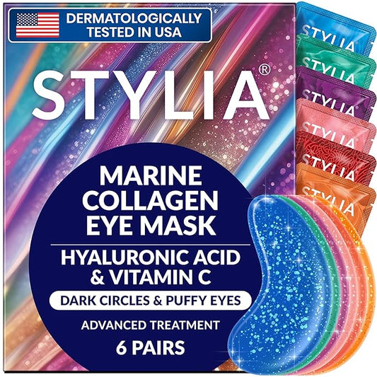 Stylia Under Eye Patches for Puffy Eyes and Dark Circles (6 Pairs) - Marine Collagen Under Eye Mask with Vitamin C, Hyaluronic Acid, Pearl Extract - Eye Masks for Dark Circles and Puffiness-Velvo Beauty