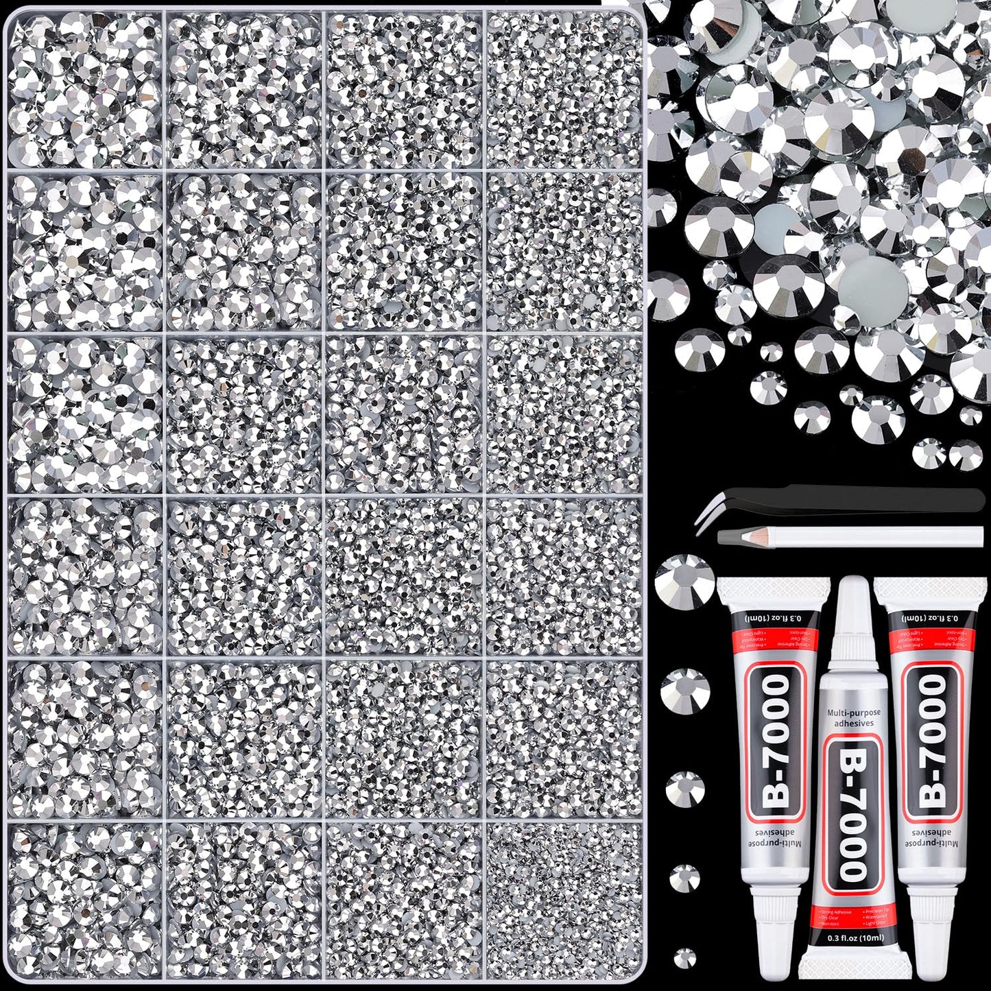 30000Pcs Resin Silver Rhinestones for Bedazzling Crafting with b7000 Jewelry Glue, Bulk Flatback Gems Bedazzler Kit for Crafts Clothes Shoes Fabric Nail Diamond Art, Assorted Size 2/3/4/5/6mm-Velvo Beauty