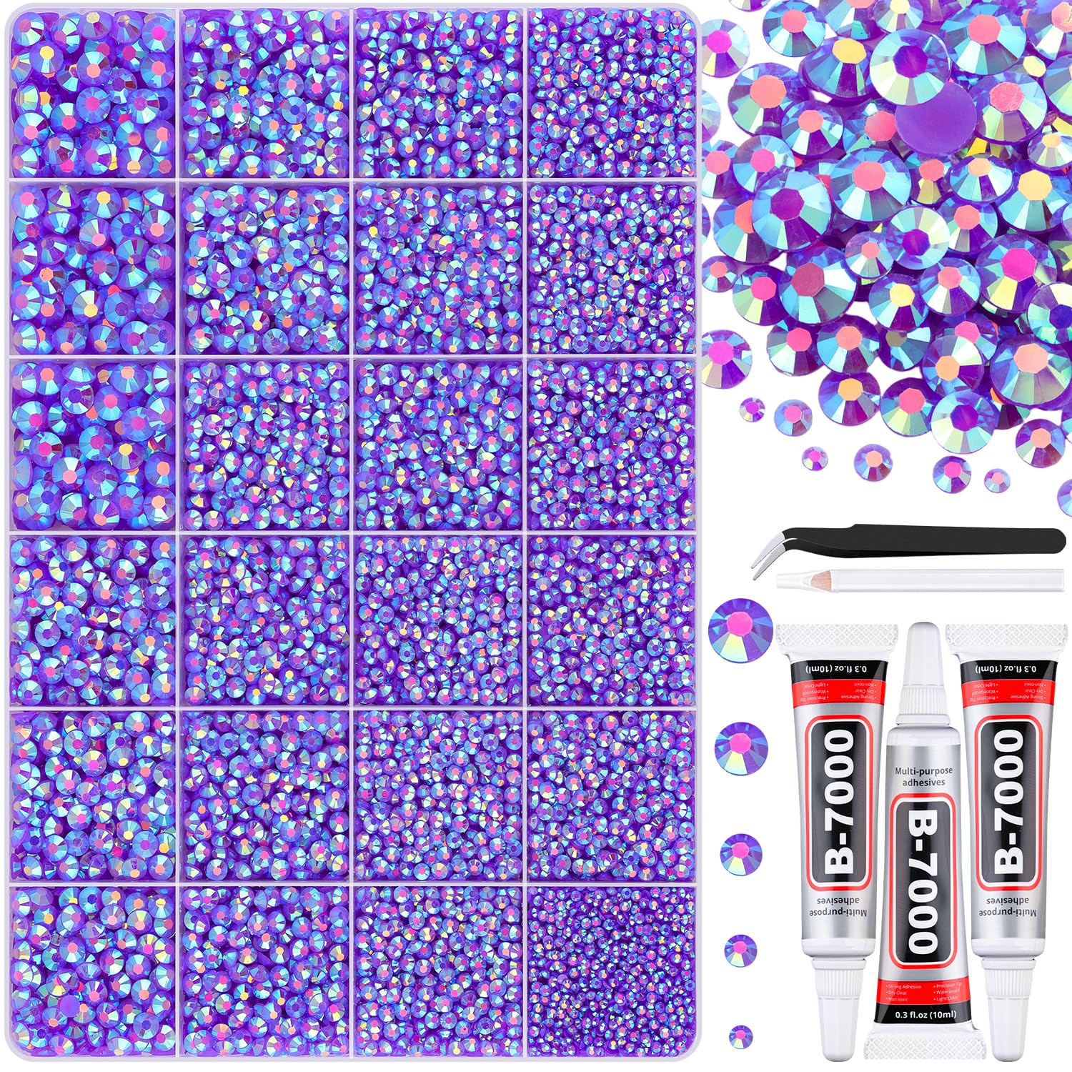 30000Pcs Resin Dark Purple AB Rhinestones for Bedazzling Crafting with b7000 Jewelry Glue, Bulk Flatback Gems Bedazzler Kit for Crafts Clothes Shoes Fabric Nail Diamond Art, Assorted Size 2/3/4/5/6mm-Velvo Beauty