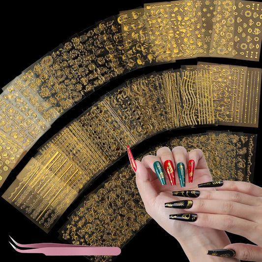 Teenitor 50 Sheets Nail Stickers for Nail Art, Nail Decals Gold Nail Stickers for Kids Women in Fall Winter Halloween Christmas, Nail Decorations-Velvo Beauty