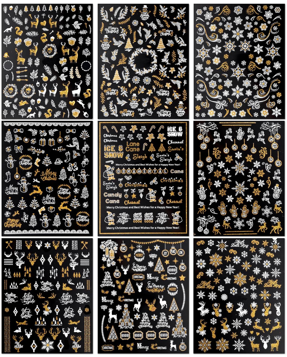 JMEOWIO 9 Sheets Christmas Nail Art Stickers Decals Self-Adhesive Pegatinas Uñas Bling Snowflake Snowman Holiday White Gold Nail Supplies Nail Art Design Decoration Accessories-Velvo Beauty