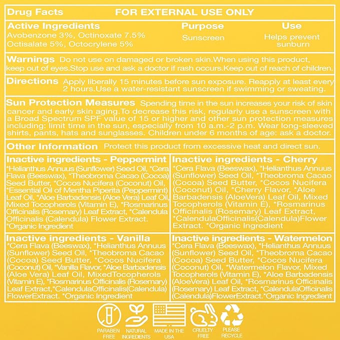 4-Pack Variety SPF 15 Lip Balm - Organic Ingredients, Broad Spectrum UVA/UVB Protection - Hydrating & Moisturizing, USA Made-Velvo Beauty