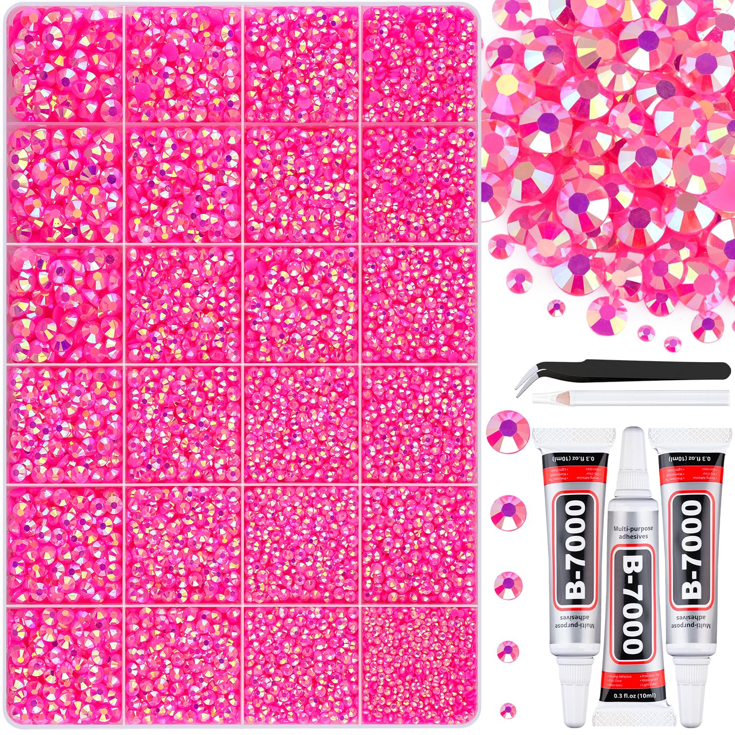 30000Pcs Resin Hot Pink AB Rhinestones for Bedazzling Crafting with b7000 Jewelry Glue, Bulk Flatback Gems Bedazzler Kit for Crafts Clothes Shoes Fabric Nail Diamond Art, Assorted Size 2/3/4/5/6mm-Velvo Beauty