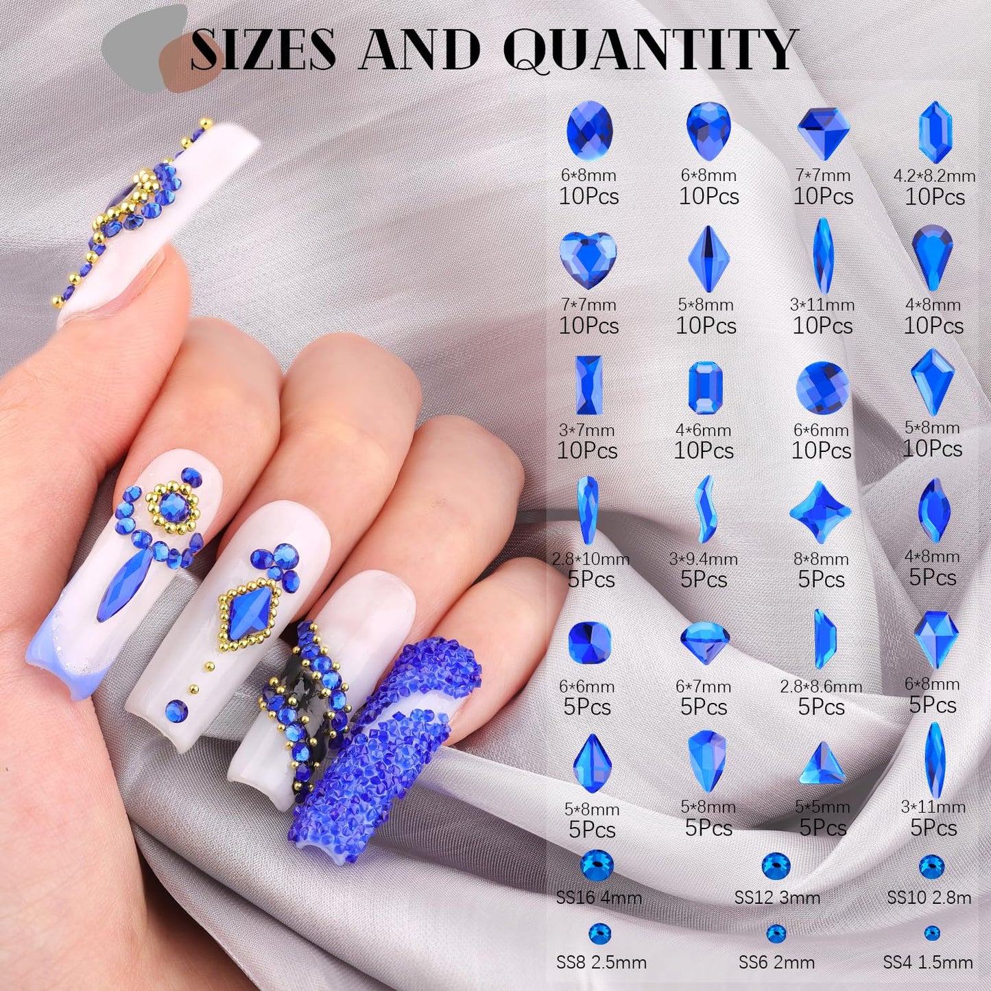Royal Blue Glass Nail Rhinestones - 1680 Pcs Multi Shapes + 1500 Pcs Round Crystal with Glue Gel for Nail Art-Velvo Beauty
