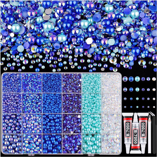 9000PCS Flatback Pearls and Rhinestones for Crafting, Dark Blue 3-10mm Resin Rhinestones and Half Pearls for Bedazzling, Nail Art and Dec with 3pcs B7000 Jewelry Glue, Tweezer and Pickup Pencil-Velvo Beauty