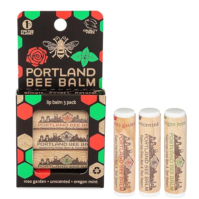 Portland Bee Balm All Natural Handmade Beeswax Based Lip Balm Unscented, Oregon Mint and Rose Assortment 3 Count-Velvo Beauty