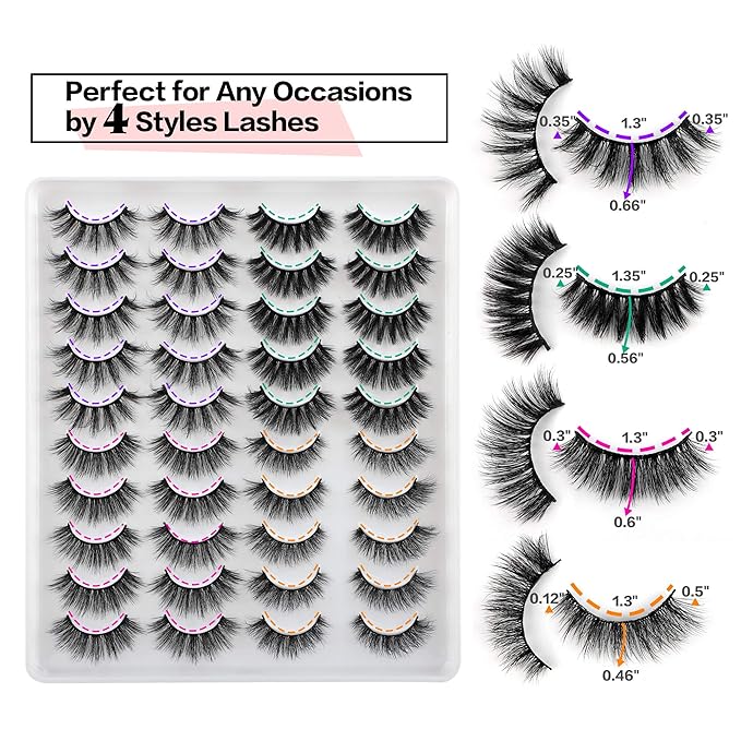 JIMIRE 20 Pairs False Eyelashes 4 Styles Mink Eyelashes Fluffy Pack 3D Volume Faux Mink Cat Eye Lashes Pack-Velvo Beauty