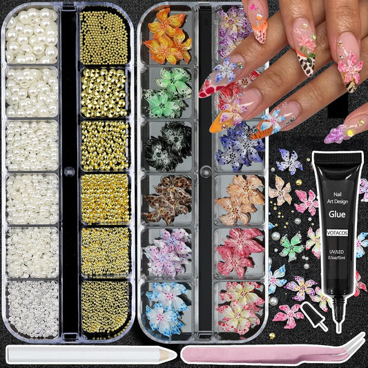 Flower Nail Art Charms with Rhinestones Glue Gel Cream Flatback Pearls Luxurious Nail Gems Supplies Accessories Gold Silver Nails Decoration Pearls for Women Nails Design-Velvo Beauty