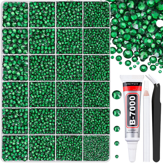 30000Pcs Emerald Green Rhinestones for Bedazzling with B7000 Jewelry Glue, Bedazzler Kit Flatback Gems, Resin Rhinestones for Crafting Crafts Clothing Shoes Fabric Nail Art Assorted Size 2/3/4/5/6mm-Velvo Beauty