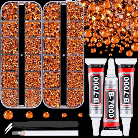 Resin Rhinestones for Crafting with B7000 Jewelry Glue, 2 Boxes Orange Flatback Crystals with 3Pcs 10ml Glue for Bedazzling Crafts DIY Nail Art Makeup，Non Hotfix Gems for Clothing Shoes-Velvo Beauty
