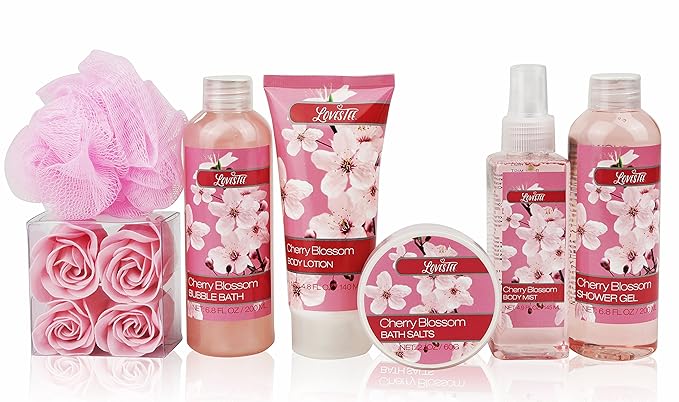 Spa Bath and Body - Spa Gift Baskets for Women & Girls, Cherry Fragrance, Spa Birthday Gift Includes Loofah Sponge, Bath Salt, Body Lotion, Soap Rose, Body Mist, Shower Gel Bubble Bath-Velvo Beauty
