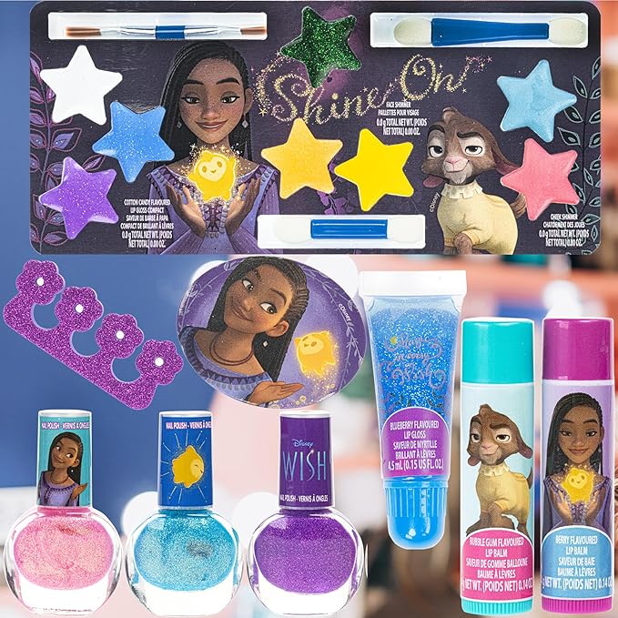 Disney Wish - Townley Girl Train Case Cosmetic Makeup Set Includes Lip Gloss, Eye Shimmer, Brush, Nail Polish, Accessories & more! for Girls, Ages 3+ perfect for Parties, Sleepovers & Makeovers-Velvo Beauty