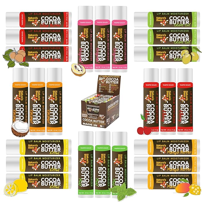 Nature's Bees 24 Pack Lip Balm, Natural Ingredient Lip Balm Bulk, Lip Care Product, Lip Balm for Dry Cracked, Lips, Made in the USA, 8 Flavors, 0.15oz (4.2 g)-Velvo Beauty
