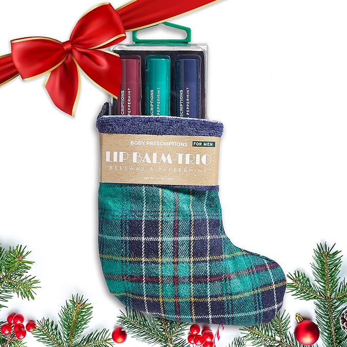 Body Prescriptions Lip Balm Trio for Men - Beeswax and Peppermint | Christmas Stocking Present Set | Nourishing and Moisturizing Formula | Protect and Hydrate Dry Lips | Great Holiday Present for Him-Velvo Beauty