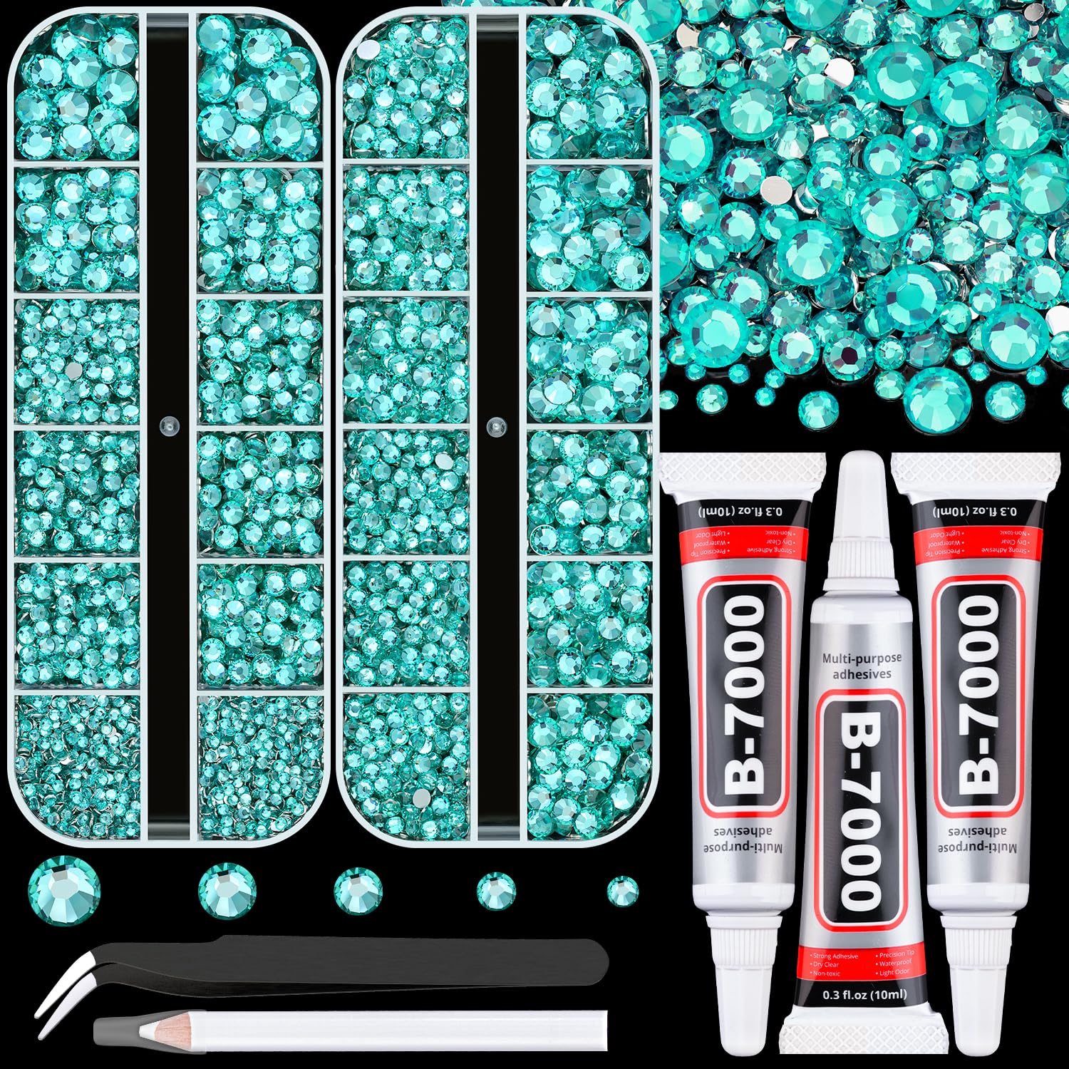 Resin Rhinestones for Crafting with B7000 Jewelry Glue, 2 Boxes Aquamarine Flatback Crystals with 3Pcs 10ml Glue for Bedazzling Crafts DIY Nail Art Makeup, Gems for Clothing Shoes-Velvo Beauty