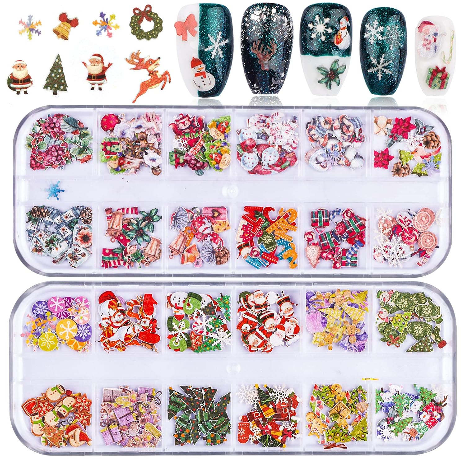 Kalolary 2 Boxes Christmas Nail Art Sequins Sticker, 3D Santa Claus Snowflake Elk Decals for Acrylic Nails, Christmas Tree Wood Pulp Glitter Flakes for Winter Nail Art Decorations-Velvo Beauty