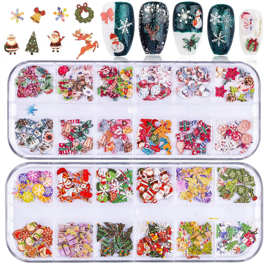 Kalolary 2 Boxes Christmas Nail Art Sequins Sticker, 3D Santa Claus Snowflake Elk Decals for Acrylic Nails, Christmas Tree Wood Pulp Glitter Flakes for Winter Nail Art Decorations-Velvo Beauty