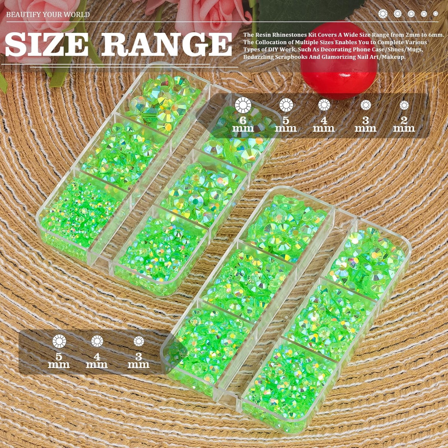 Resin Rhinestones Crafting, 2/3/4/5/6mm Flatback Jelly Rhinestones, 2 Boxes Transparent Grass Green AB Non Hotfix Crystal Gems for Bedazzling Crafts Mugs Tumblers Clothes Makeup Nail-Velvo Beauty