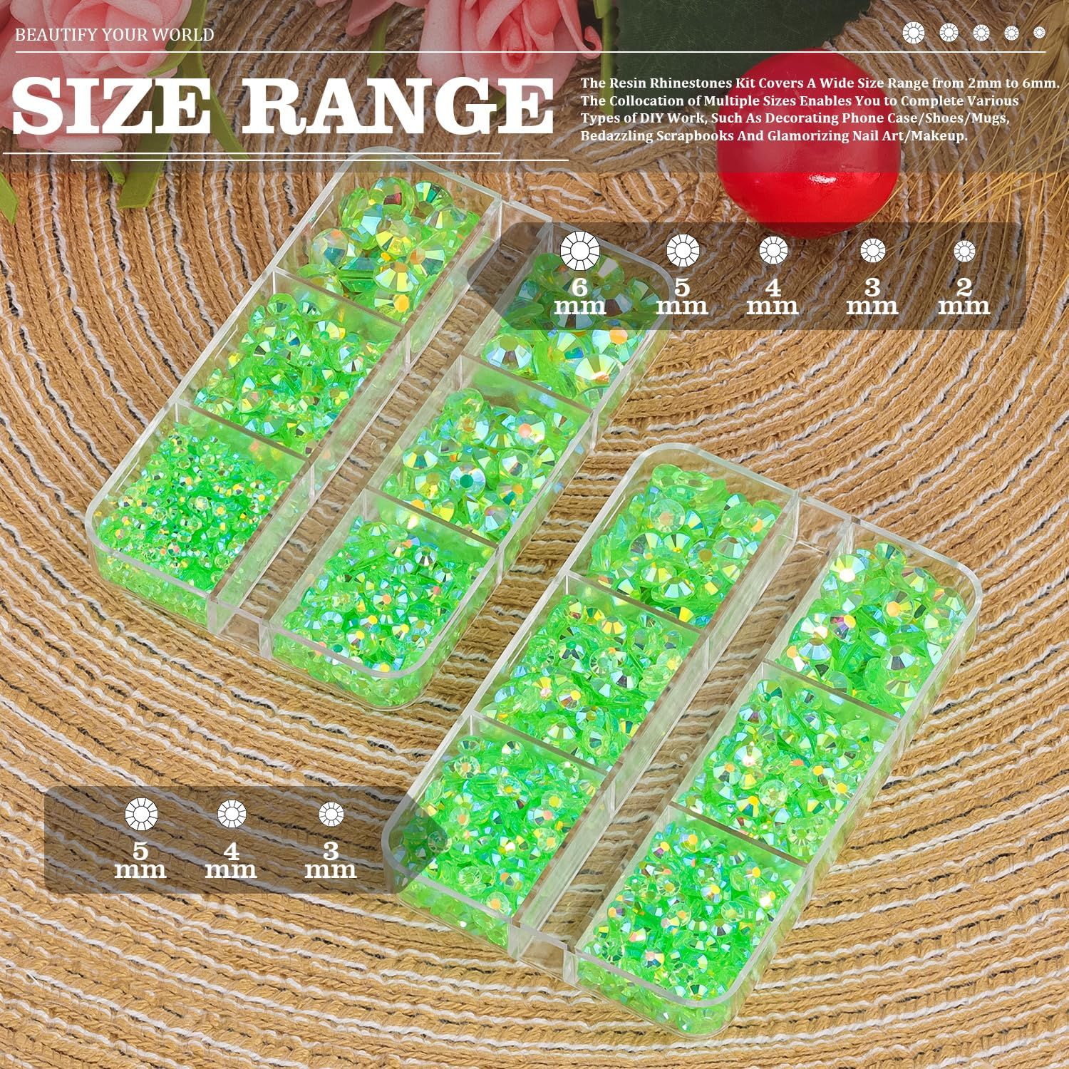 Resin Rhinestones Crafting, 2/3/4/5/6mm Flatback Jelly Rhinestones, 2 Boxes Transparent Grass Green AB Non Hotfix Crystal Gems for Bedazzling Crafts Mugs Tumblers Clothes Makeup Nail-Velvo Beauty