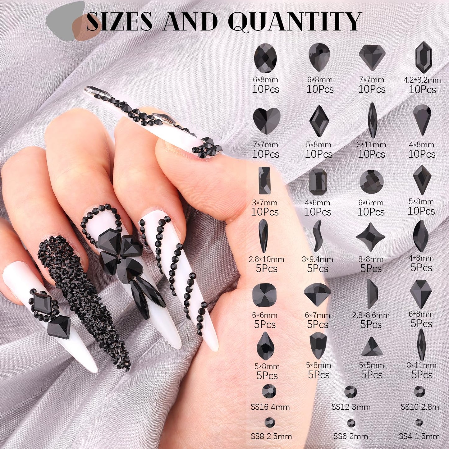 1680Pcs Black Glass Nail Rhinestones 180Pcs Multi Shapes Flatback Nail Gems + 1500Pcs 1.5-4mm Round Crystal, Manicure Nail Charms Diamond Gemstones for Acrylic Nails Decoration-Velvo Beauty