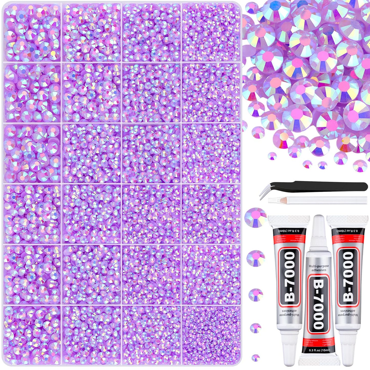 30000Pcs Resin Lavender Purple AB Rhinestones for Bedazzling Crafting with b7000 Jewelry Glue, Bulk Flatback Gems Bedazzler Kit for Crafts Clothes Fabric Nail Diamond Art, Assorted Size 2/3/4/5/6mm-Velvo Beauty